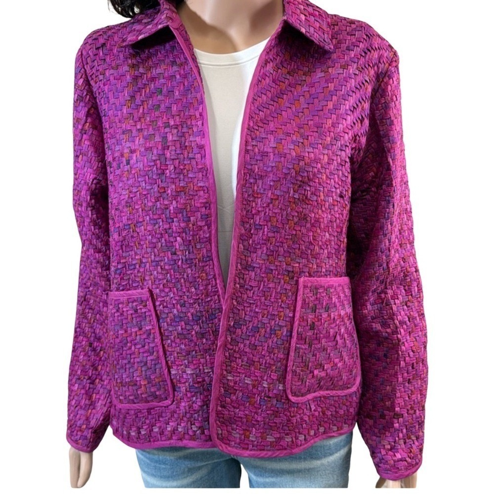 Norm Thompson Silk Basketweave Jacket Magenta Purple Woven Open Front Small